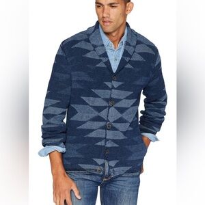 Lucky Brand Shawl Collar Button Southwestern Pattern Navy and Gray Cardigan
